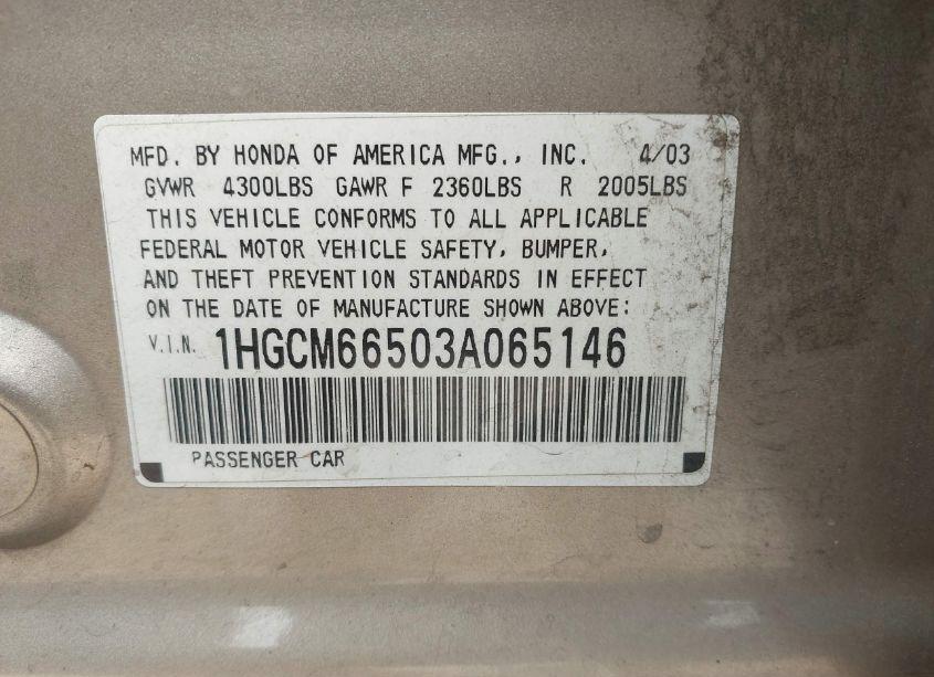 Photo 9 of 2003 Honda Accord 3.0 EX (VIN 1HGCM66503A065146)