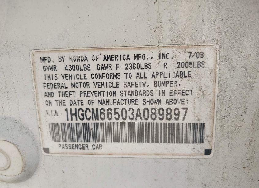 Photo 9 of 2003 Honda Accord 3.0 EX (VIN 1HGCM66503A089897)