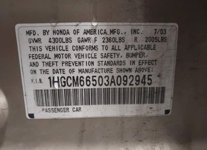 Photo 9 of 2003 Honda Accord 3.0 EX (VIN 1HGCM66503A092945)