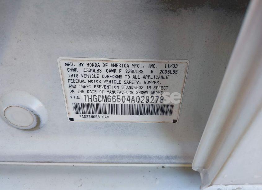 Photo 9 of 2004 Honda Accord 3.0 EX (VIN 1HGCM66504A029278)