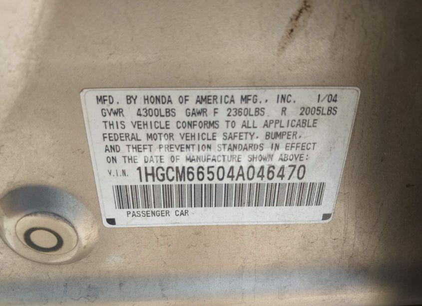 Photo 9 of 2004 Honda Accord 3.0 EX (VIN 1HGCM66504A046470)