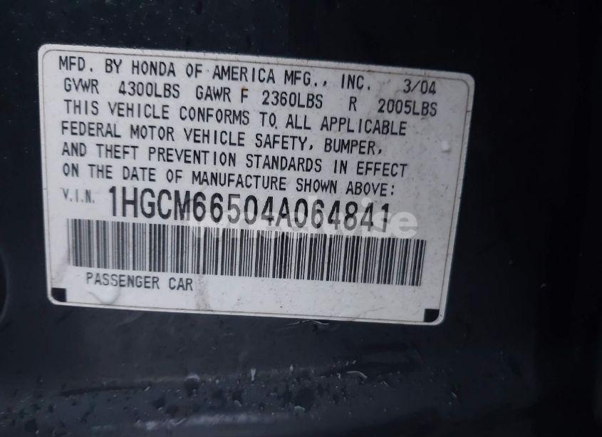 Photo 9 of 2004 Honda Accord 3.0 EX (VIN 1HGCM66504A064841)