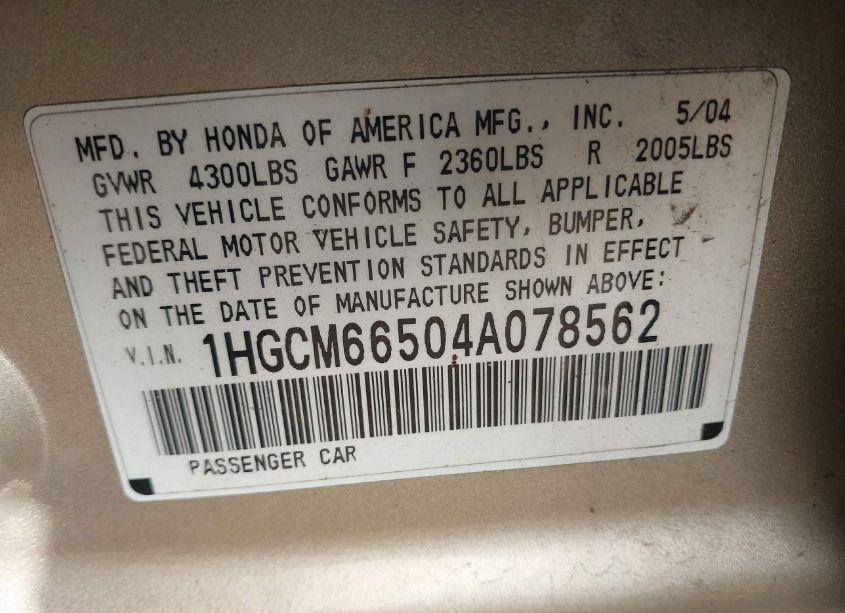 Photo 9 of 2004 Honda Accord 3.0 EX (VIN 1HGCM66504A078562)