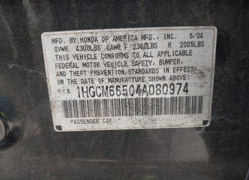 Photo 9 of 2004 Honda Accord 3.0 EX (VIN 1HGCM66504A080974)