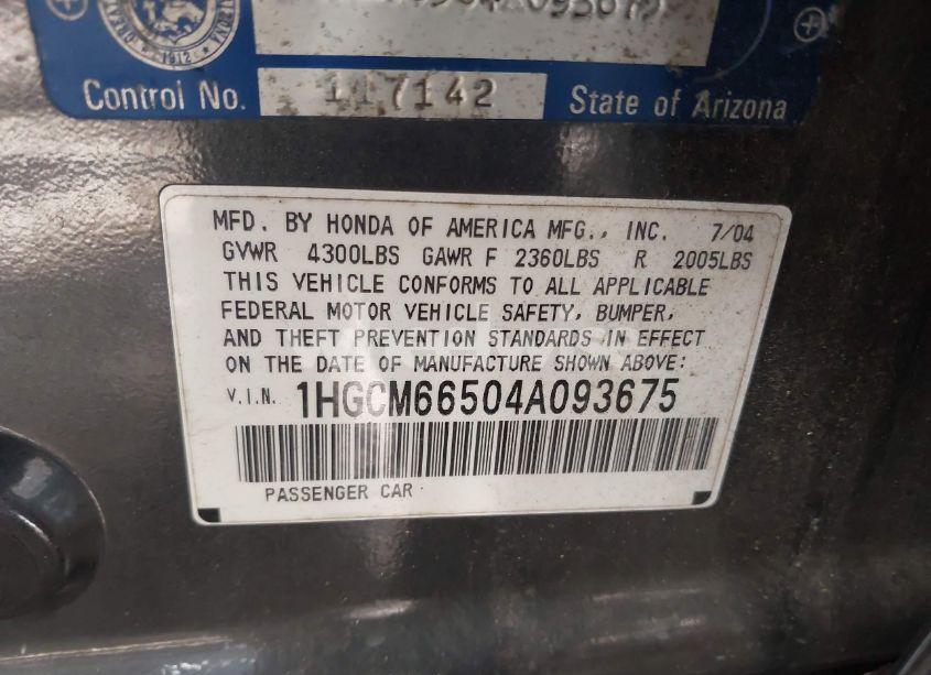 Photo 9 of 2004 Honda Accord 3.0 EX (VIN 1HGCM66504A093675)