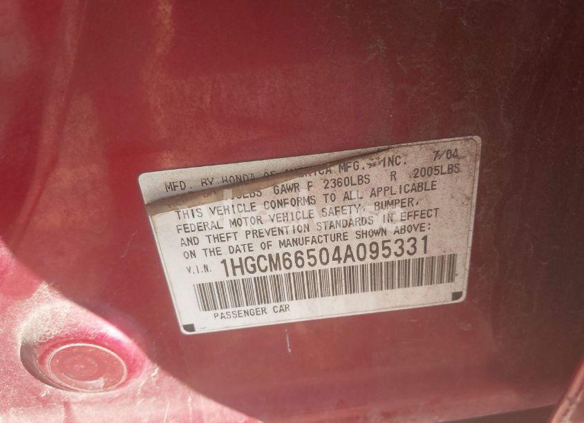 Photo 9 of 2004 Honda Accord 3.0 EX (VIN 1HGCM66504A095331)