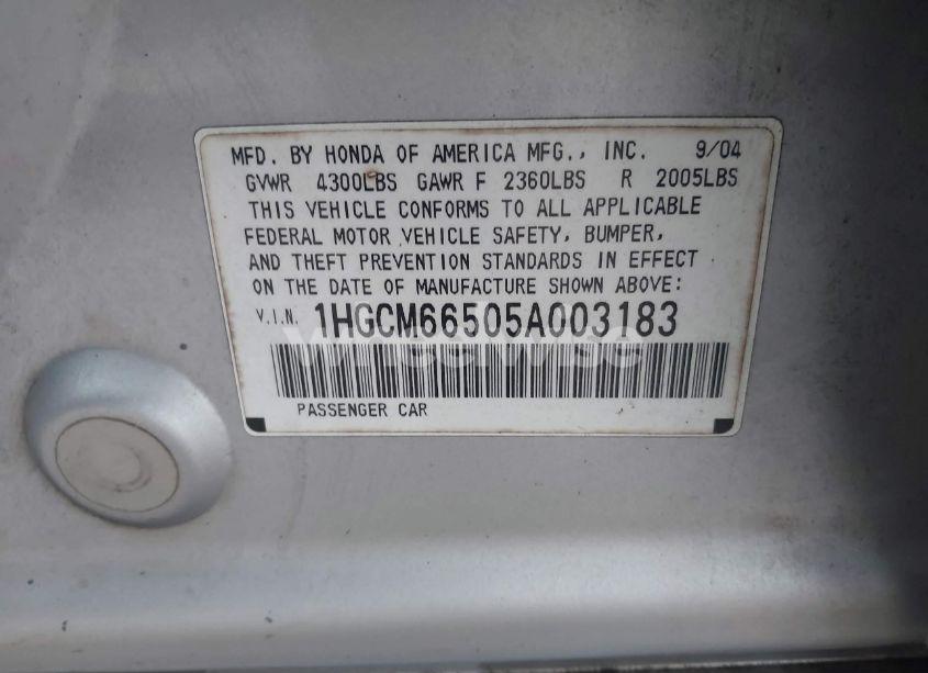 Photo 9 of 2005 Honda Accord 3.0 EX (VIN 1HGCM66505A003183)