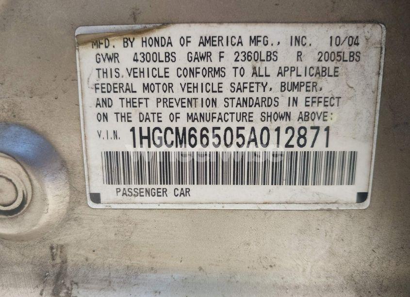 Photo 9 of 2005 Honda Accord 3.0 EX (VIN 1HGCM66505A012871)