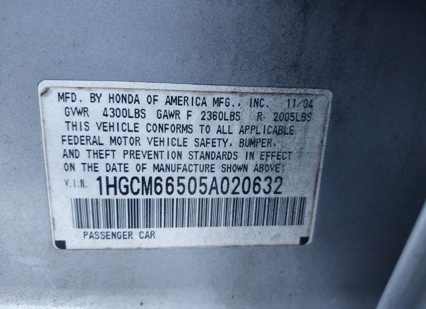 Photo 9 of 2005 Honda Accord 3.0 EX (VIN 1HGCM66505A020632)