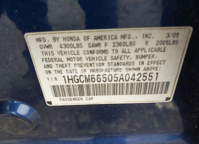 Photo 9 of 2005 Honda Accord 3.0 EX (VIN 1HGCM66505A042551)