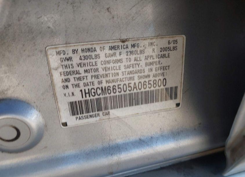 Photo 9 of 2005 Honda Accord 3.0 EX (VIN 1HGCM66505A065800)