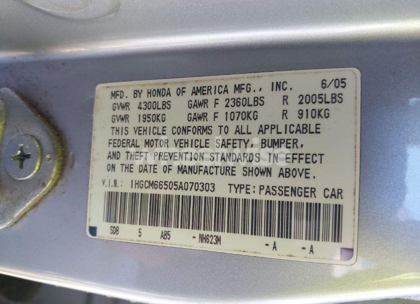 Photo 9 of 2005 Honda Accord 3.0 EX (VIN 1HGCM66505A070303)