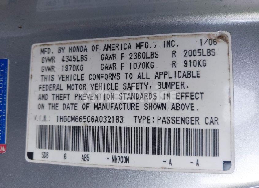 Photo 9 of 2006 Honda Accord 3.0 EX (VIN 1HGCM66506A032183)