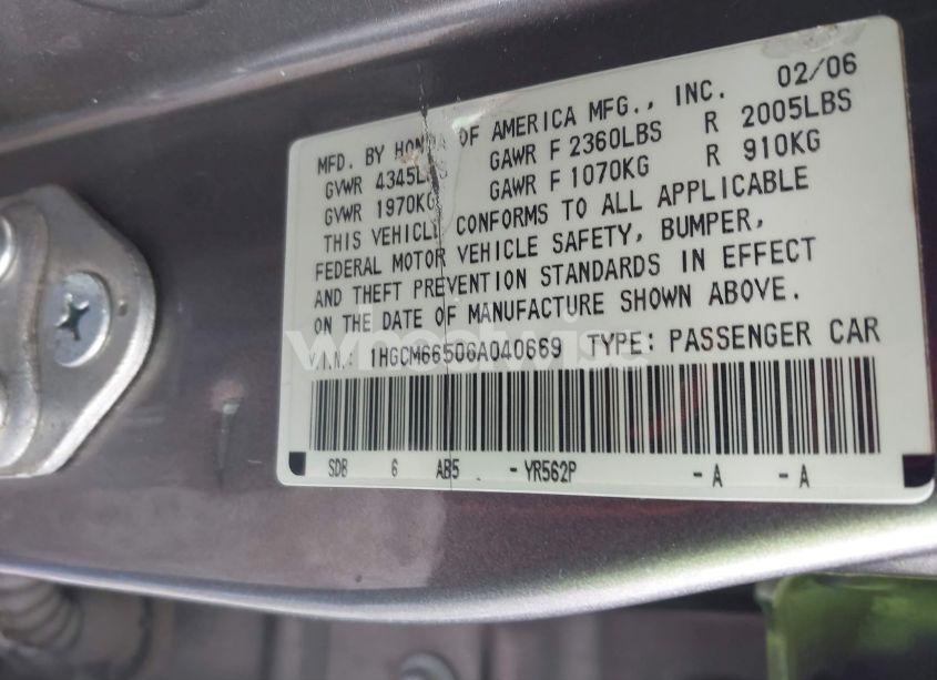 Photo 9 of 2006 Honda Accord 3.0 EX (VIN 1HGCM66506A040669)