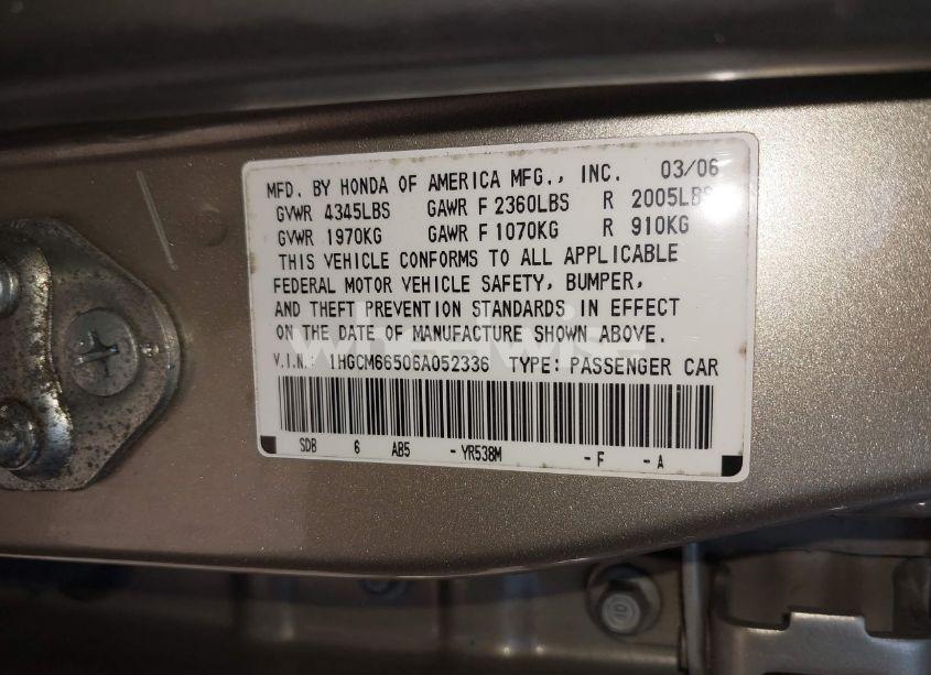 Photo 9 of 2006 Honda Accord 3.0 EX (VIN 1HGCM66506A052336)