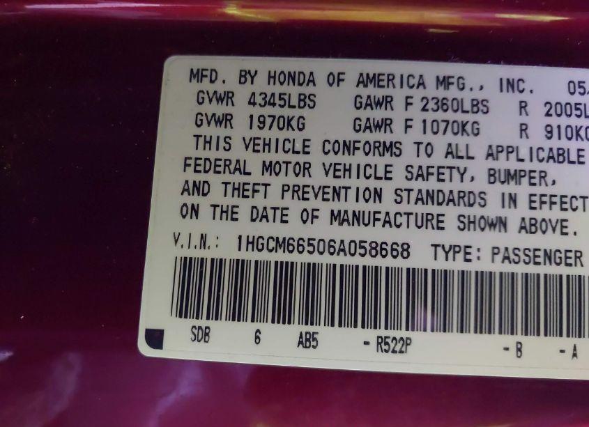 Photo 9 of 2006 Honda Accord 3.0 EX (VIN 1HGCM66506A058668)