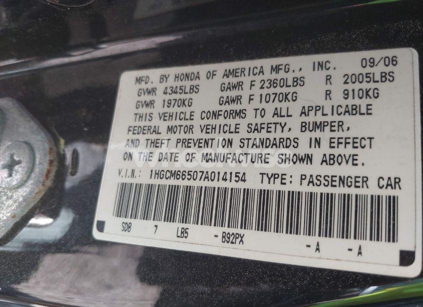 Photo 9 of 2007 Honda Accord 3.0 EX (VIN 1HGCM66507A014154)