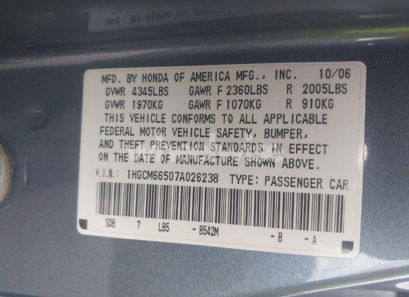 Photo 9 of 2007 Honda Accord 3.0 EX (VIN 1HGCM66507A026238)