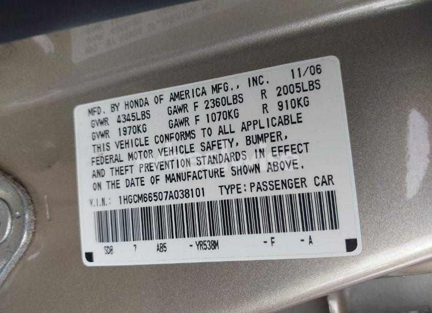 Photo 9 of 2007 Honda Accord 3.0 EX (VIN 1HGCM66507A038101)