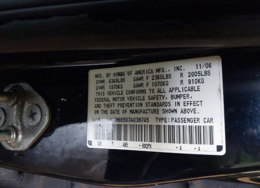 Photo 9 of 2007 Honda Accord 3.0 EX (VIN 1HGCM66507A038745)