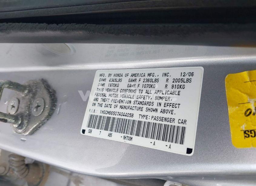 Photo 9 of 2007 Honda Accord 3.0 EX (VIN 1HGCM66507A044058)