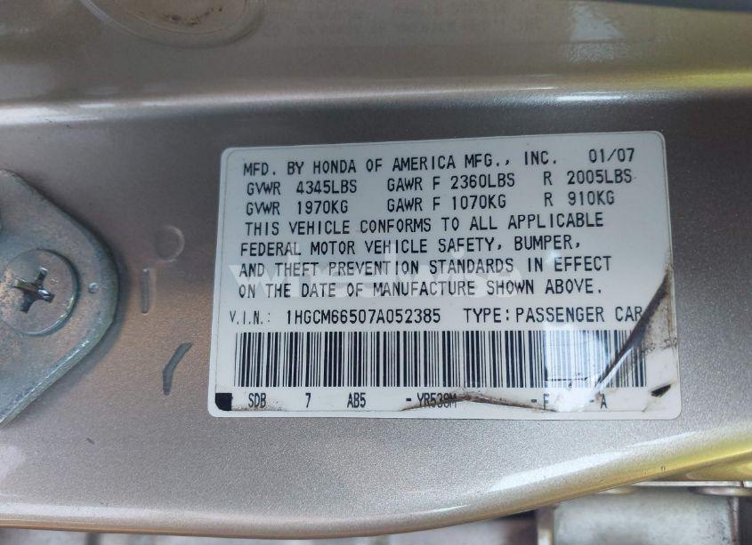 Photo 9 of 2007 Honda Accord 3.0 EX (VIN 1HGCM66507A052385)