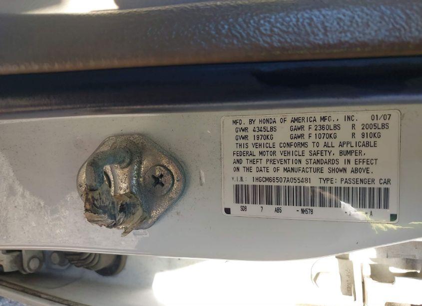 Photo 9 of 2007 Honda Accord 3.0 EX (VIN 1HGCM66507A055481)