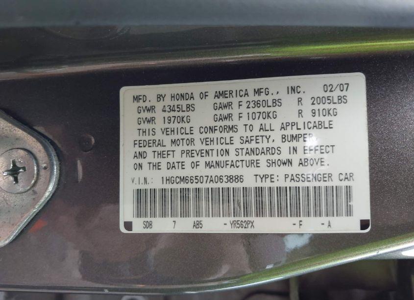 Photo 9 of 2007 Honda Accord 3.0 EX (VIN 1HGCM66507A063886)