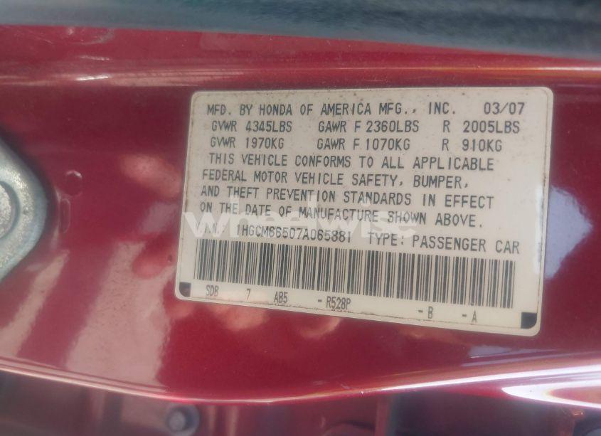 Photo 9 of 2007 Honda Accord 3.0 EX (VIN 1HGCM66507A065881)