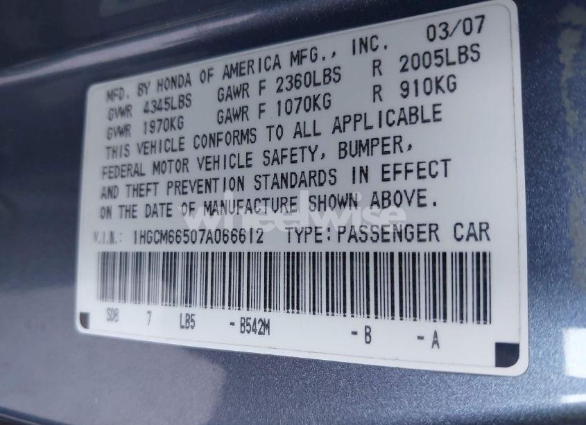 Photo 9 of 2007 Honda Accord 3.0 EX (VIN 1HGCM66507A066612)