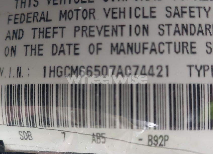 Photo 9 of 2007 Honda Accord 3.0 EX (VIN 1HGCM66507A074421)