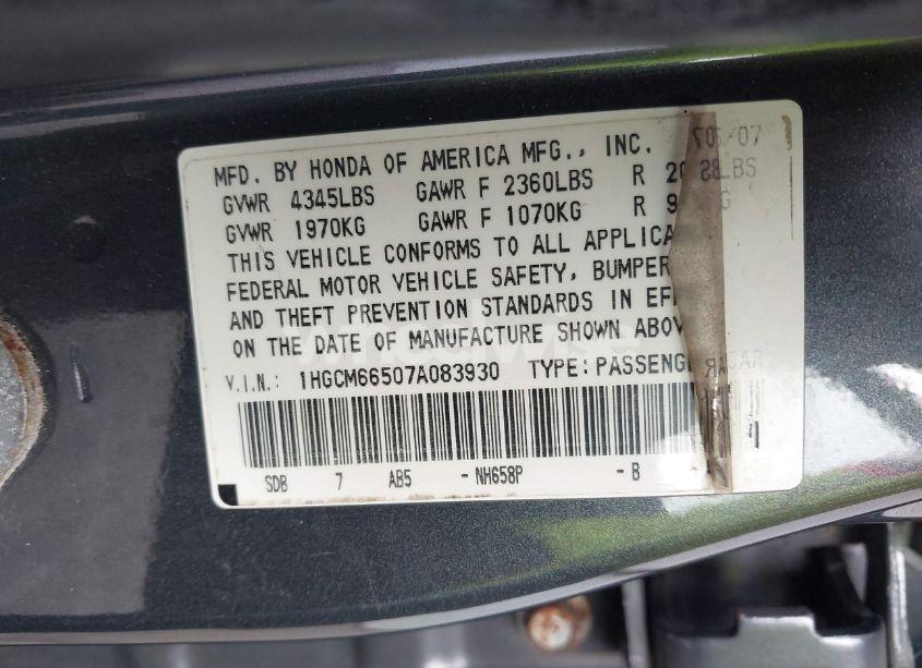 Photo 9 of 2007 Honda Accord 3.0 EX (VIN 1HGCM66507A083930)