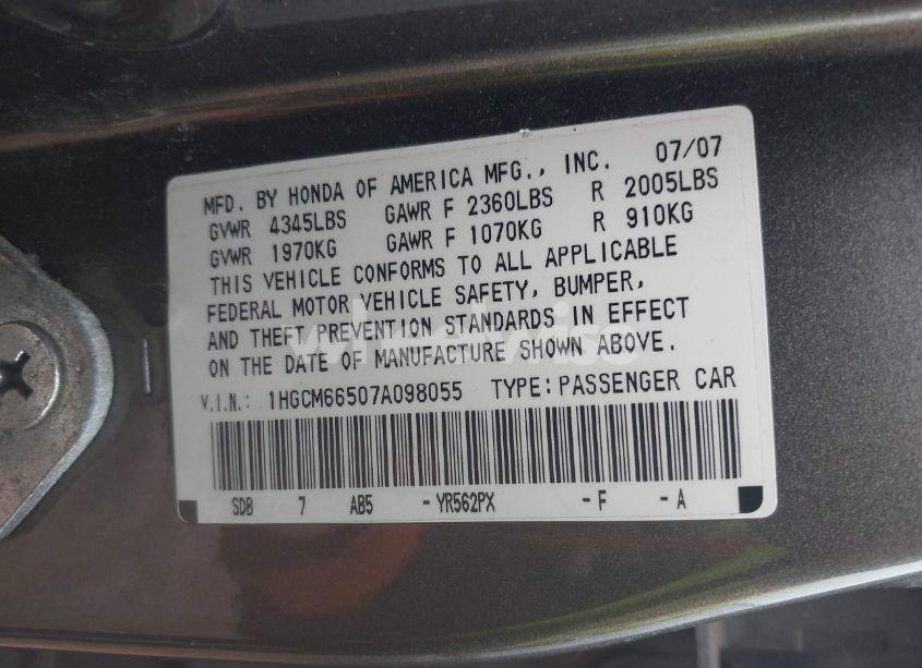 Photo 9 of 2007 Honda Accord 3.0 EX (VIN 1HGCM66507A098055)