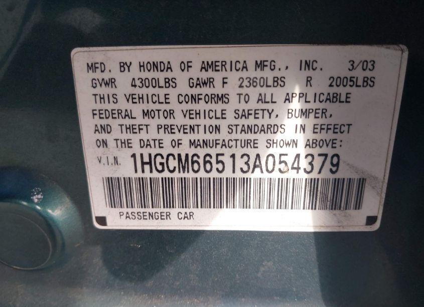 Photo 9 of 2003 Honda Accord 3.0 EX (VIN 1HGCM66513A054379)