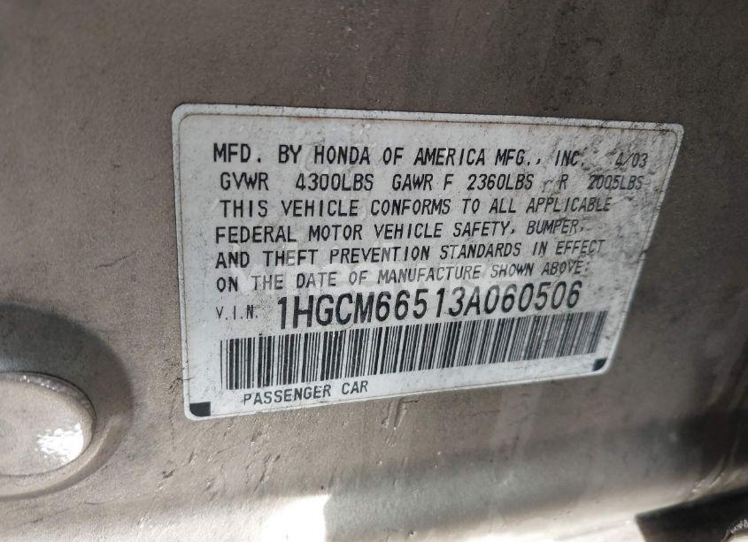 Photo 9 of 2003 Honda Accord 3.0 EX (VIN 1HGCM66513A060506)