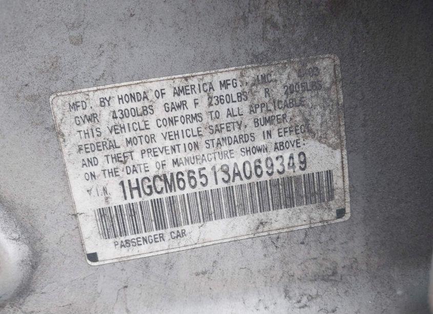 Photo 9 of 2003 Honda Accord 3.0 EX (VIN 1HGCM66513A069349)