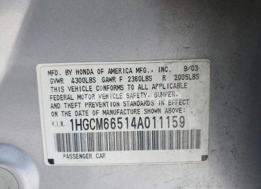 Photo 9 of 2004 Honda Accord 3.0 EX (VIN 1HGCM66514A011159)