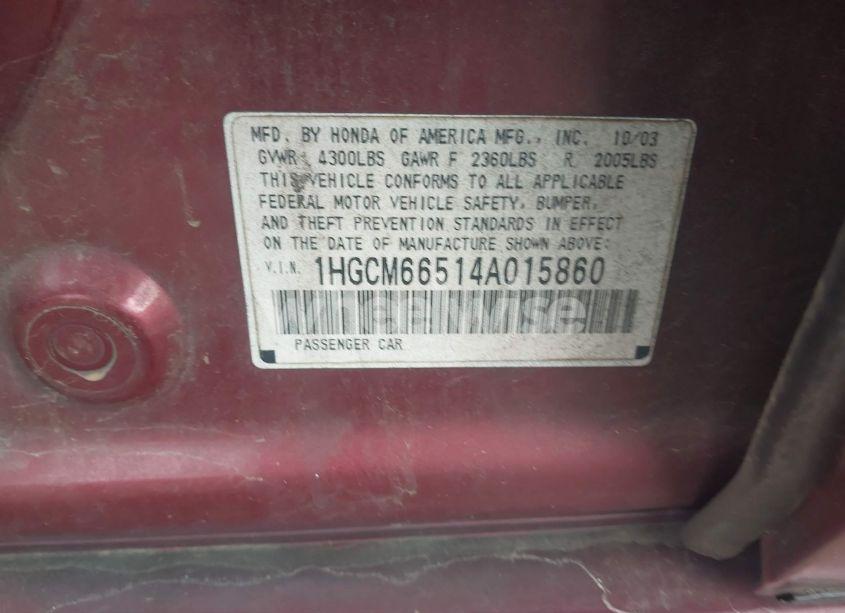 Photo 9 of 2004 Honda Accord 3.0 EX (VIN 1HGCM66514A015860)