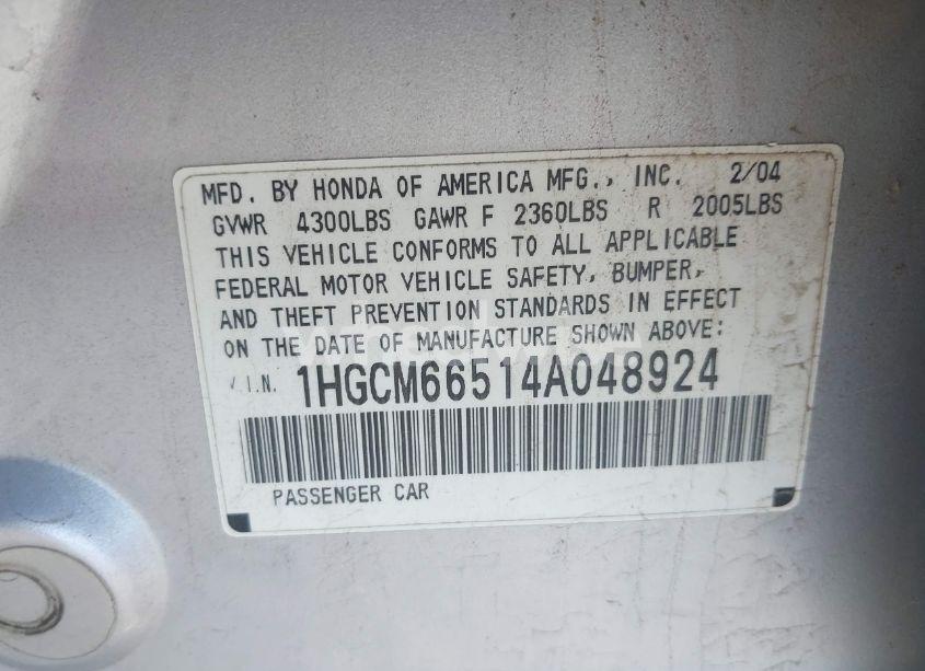 Photo 9 of 2004 Honda Accord 3.0 EX (VIN 1HGCM66514A048924)