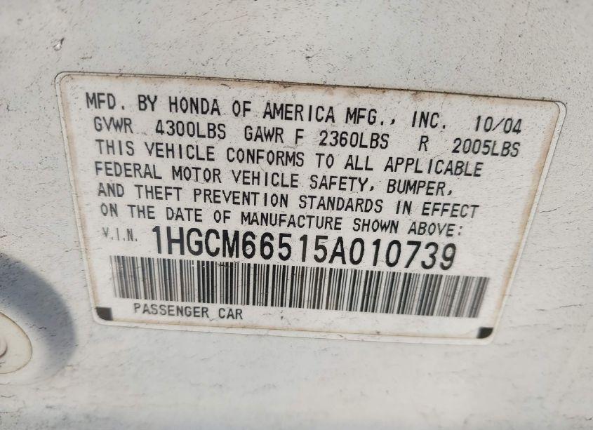 Photo 9 of 2005 Honda Accord 3.0 EX (VIN 1HGCM66515A010739)