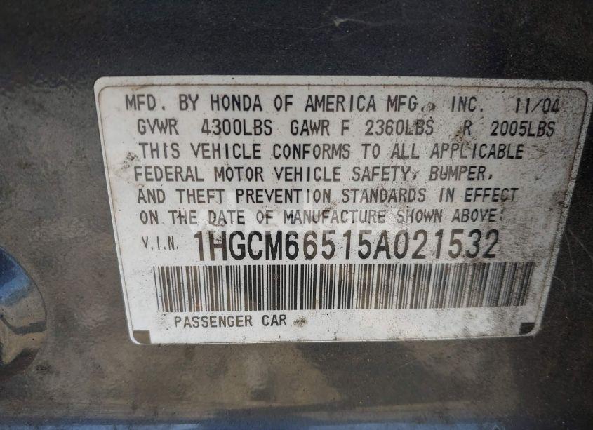 Photo 9 of 2005 Honda Accord 3.0 EX (VIN 1HGCM66515A021532)