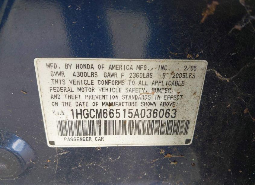 Photo 9 of 2005 Honda Accord 3.0 EX (VIN 1HGCM66515A036063)