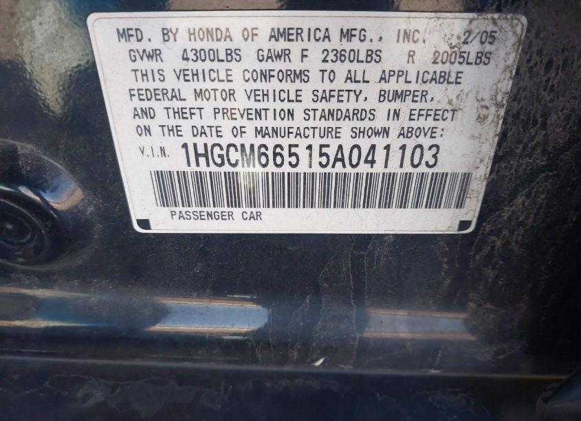 Photo 9 of 2005 Honda Accord 3.0 EX (VIN 1HGCM66515A041103)