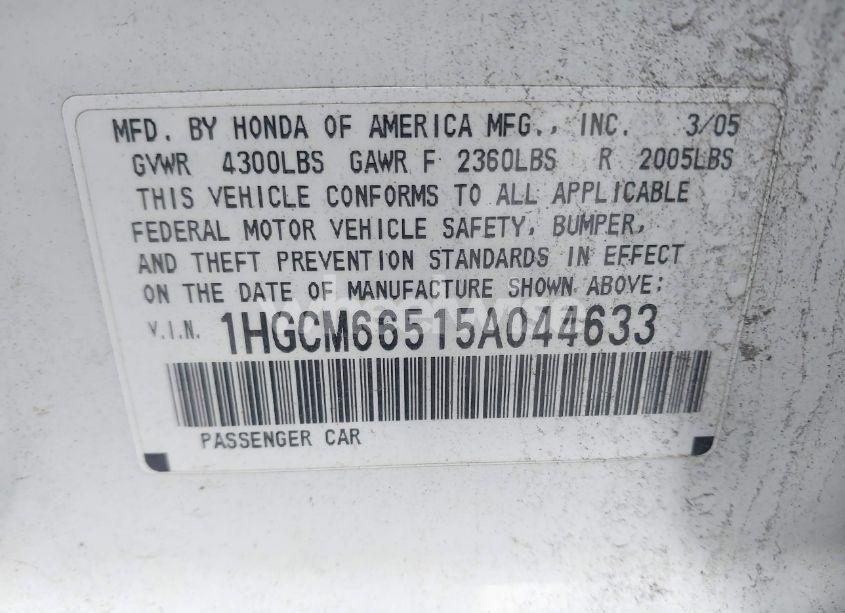 Photo 9 of 2005 Honda Accord 3.0 EX (VIN 1HGCM66515A044633)