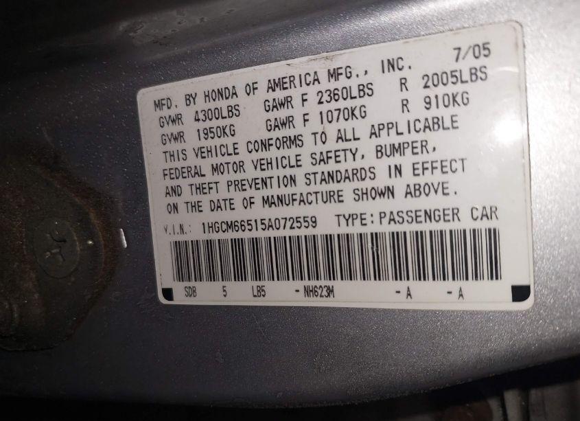Photo 9 of 2005 Honda Accord 3.0 EX (VIN 1HGCM66515A072559)