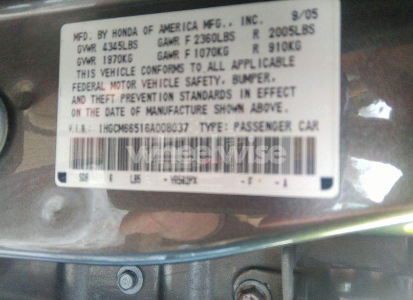Photo 8 of 2006 Honda Accord 3.0 EX (VIN 1HGCM66516A008037)