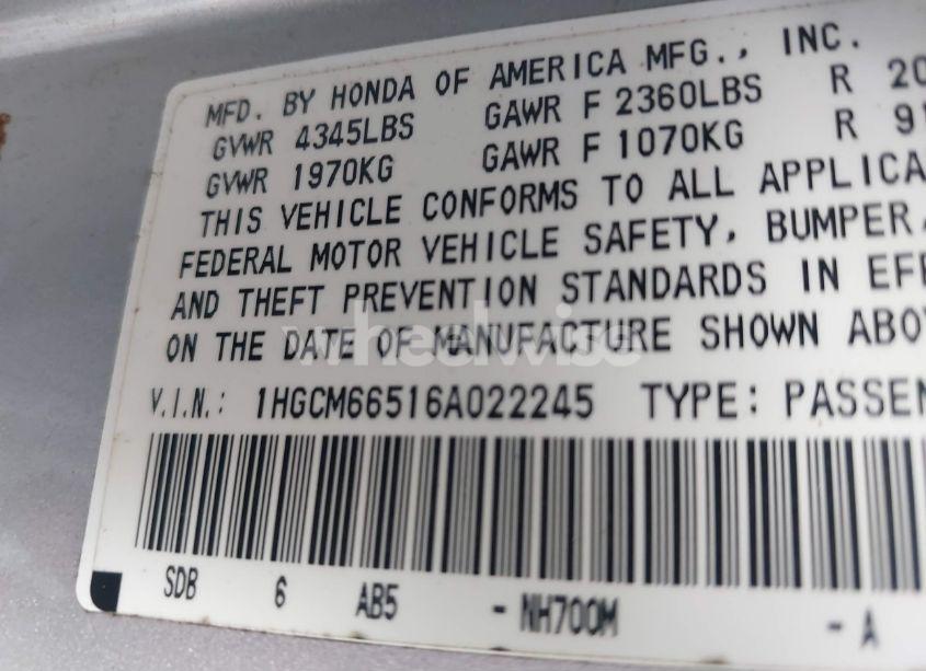Photo 9 of 2006 Honda Accord 3.0 EX (VIN 1HGCM66516A022245)