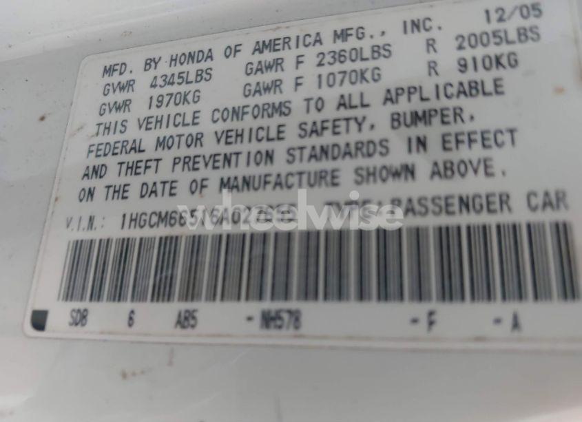 Photo 9 of 2006 Honda Accord 3.0 EX (VIN 1HGCM66516A027655)