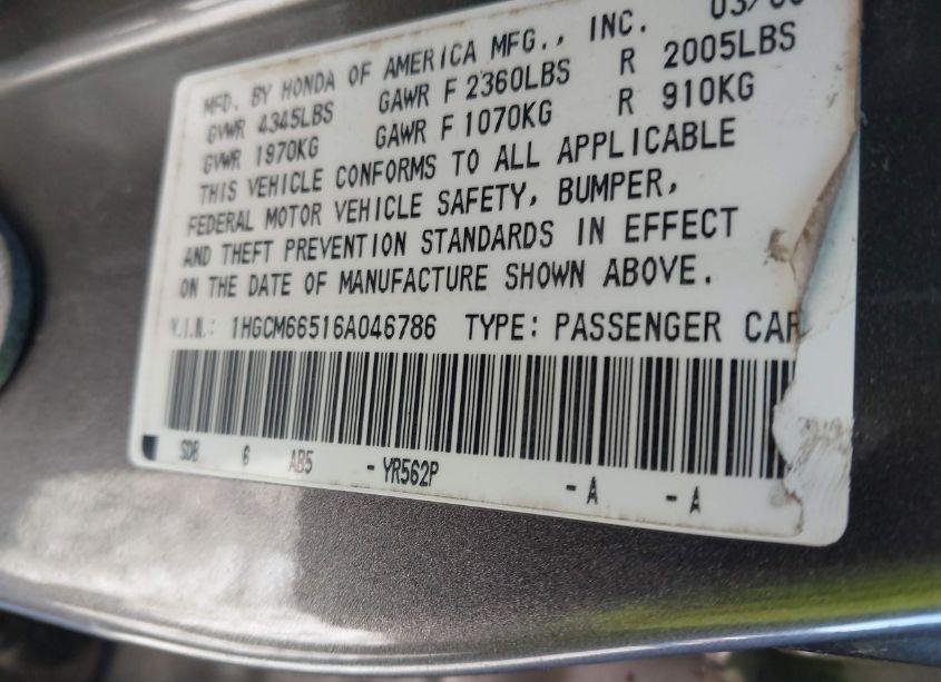 Photo 9 of 2006 Honda Accord 3.0 EX (VIN 1HGCM66516A046786)