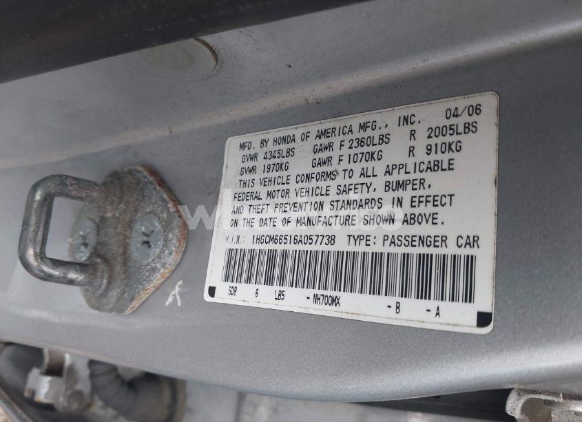 Photo 9 of 2006 Honda Accord 3.0 EX (VIN 1HGCM66516A057738)